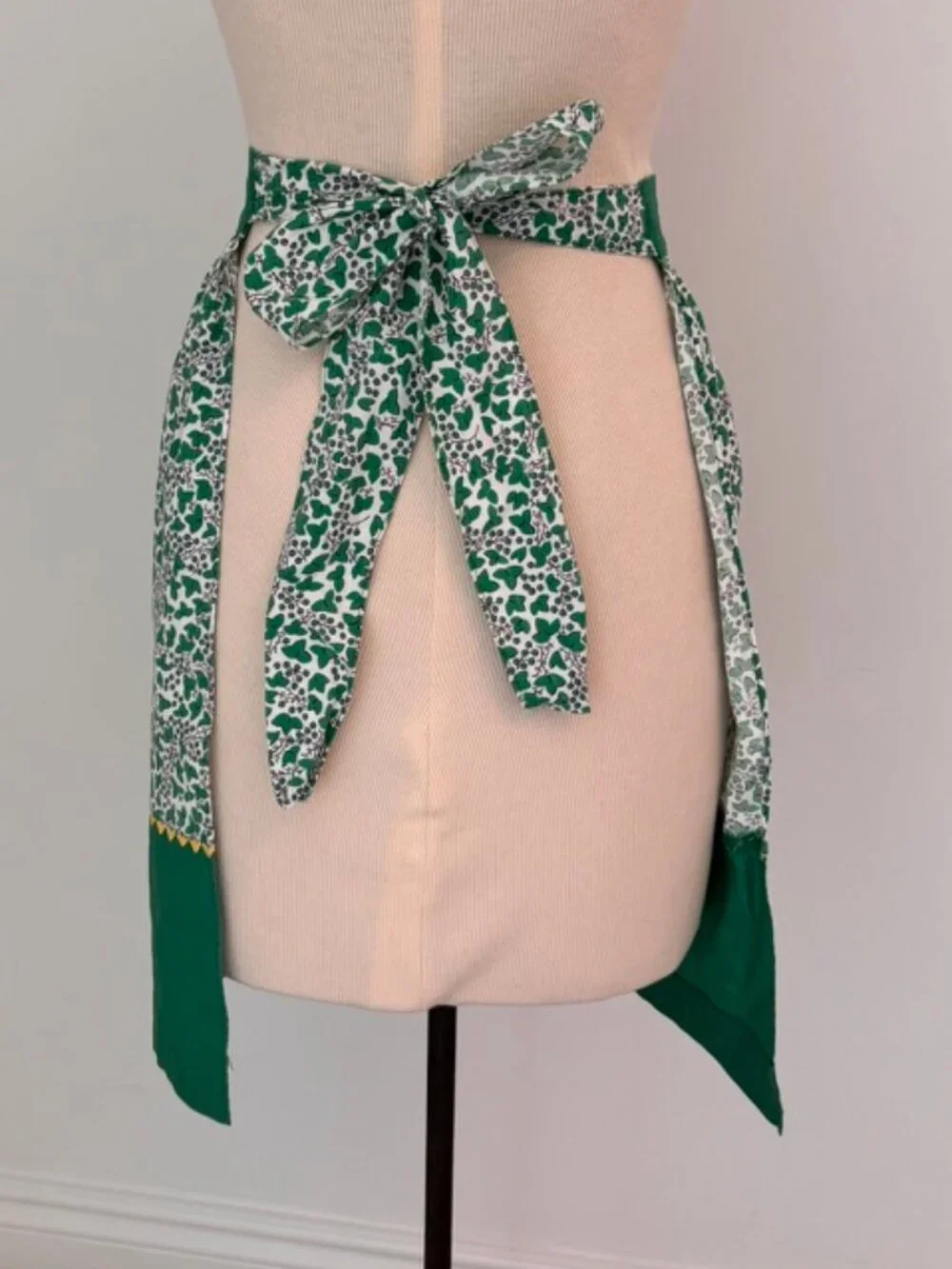 Vintage Green and white floral half apron yellow trim